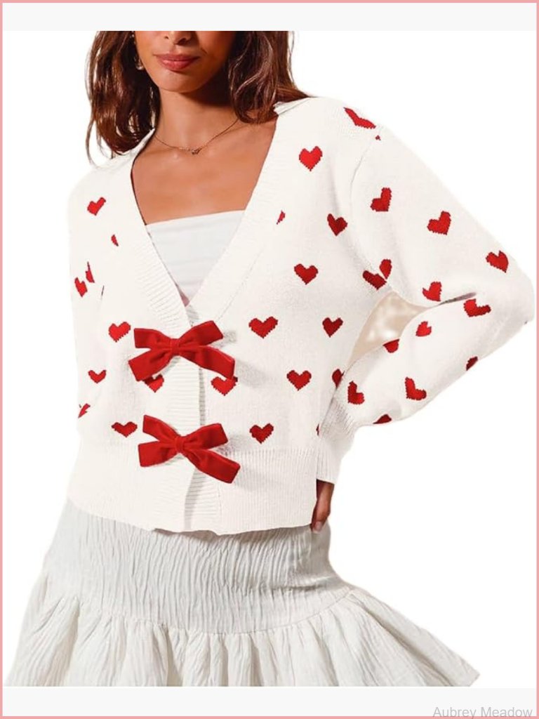 Sequin Heart Bow Tie Cardigan Open Front Knitted Long Sleeve Sweater